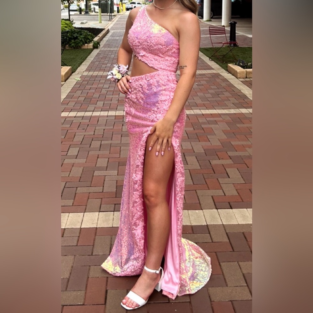 Sherri Hill Pink Lace High-Slit Two-Piece Prom Gown